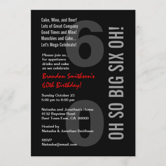 60. Modern Geburtstag Schwarz-weiß Red SIX OH! Einladung
