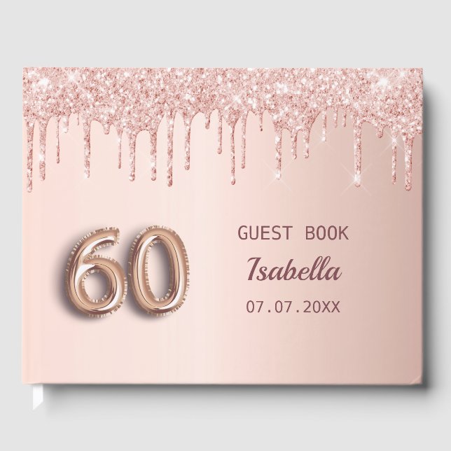 60. Rose Gold Glitzer Monogramm Name Gästebuch (Vorderseite)