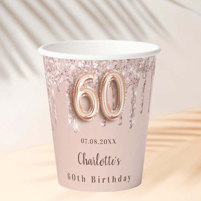 60. Rose Gold Glitzer Tropfen Monogramm Pappbecher (Von Creator hochgeladen)