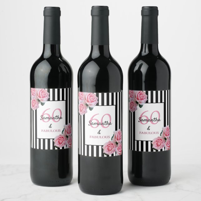 60 sagenhafte rosa Florale Schwarz-weiße Streifen Weinetikett (Flaschen)
