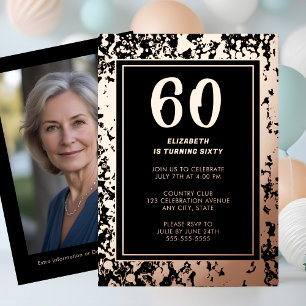 60. Schwarze Rose Gold Foto auf Back Custom Templa Folieneinladung
