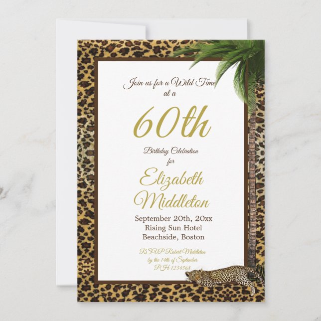 60. Sechzigste Leopard Print Palm Wild Geburtstag Einladung (Vorderseite)
