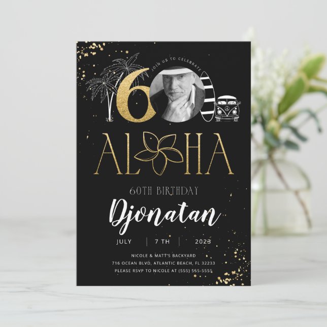 60. Tropical Birthday Gold Einladung mit Foto (Stehend Vorderseite)