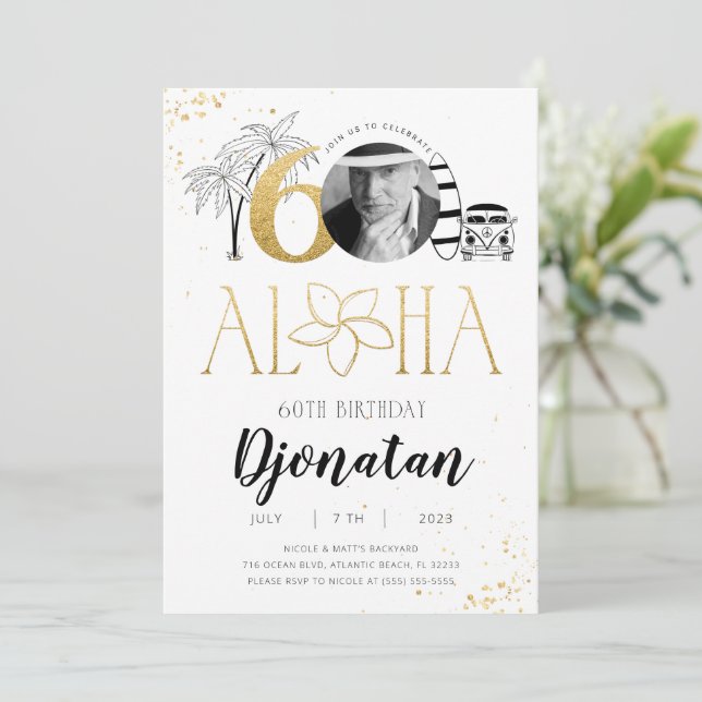60. Tropical Birthday Gold Einladung mit Foto (Stehend Vorderseite)