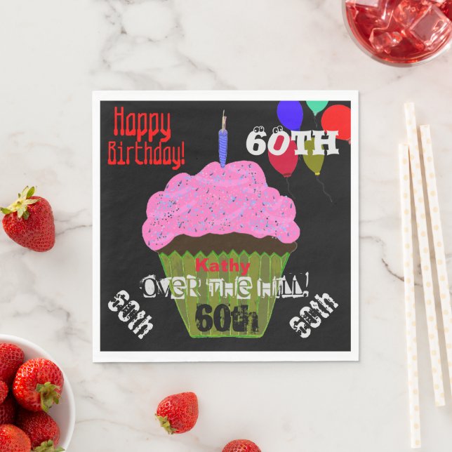 60. Über dem Hügel Personalisiert rosa Cupcake Serviette (Beispiel)