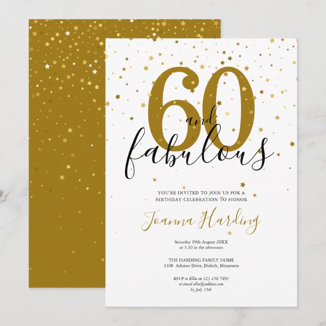 60 und fabelhafte Elegant Gold und Black Birthday Einladung (Vorne/Hinten)