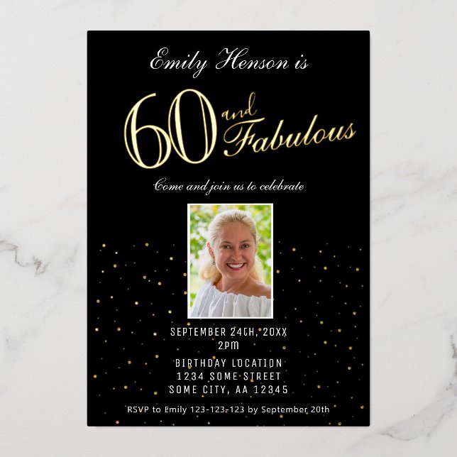 60 und fabulous Black 60. Geburtstag Gold Folieneinladung (Vorderseite)