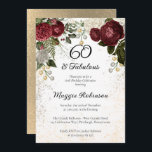 60 und Fabulous Glam Rose Floral Geburtstagsparty Einladung<br><div class="desc">Elegante und klassische dunkelrote und bordeauxrote Rose mit Samenperlen auf einem sepiafarbenen Rahmen "60 and Fabulous" Geburtstagsdesign von Holiday Hearts Designs.</div>