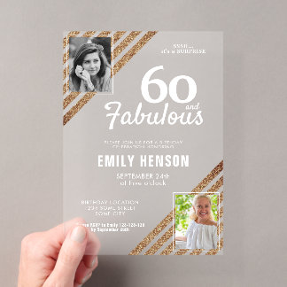 60 und fabulous Gold Glitzer 2 Foto 60. Geburtstag Acryleinladungen