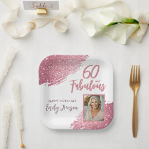 60 und Fabulous Pink Glitzer Foto 60. Geburtstag Pappteller