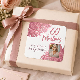 60 und Fabulous Pink Glitzer Foto 60. Geburtstag Quadratischer Aufkleber