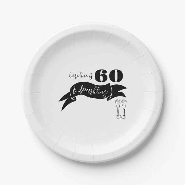 60 und funkelnde Hand, schwarz und weiß gezogen Pappteller (Vorderseite)