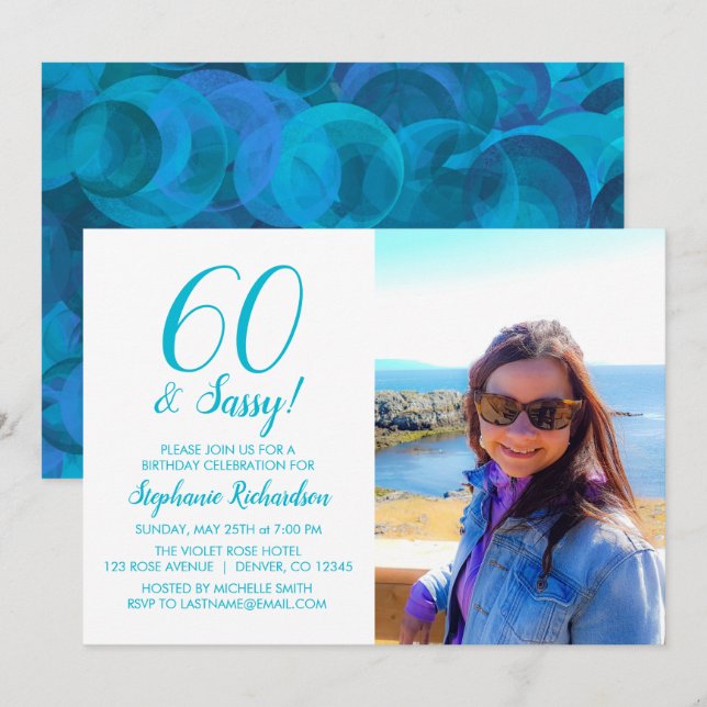 60 und Sassy Ocean Blue Aquamarin Name Foto Geburt Einladung (Vorne/Hinten)
