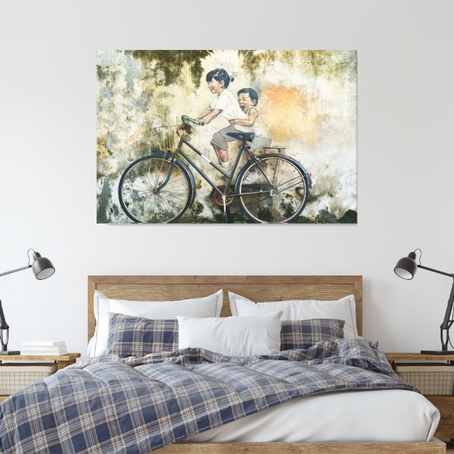 60" x 40" "Kinder auf einem Fahrrad" überdachte Le Leinwanddruck (Insitu (Schlafzimmer))