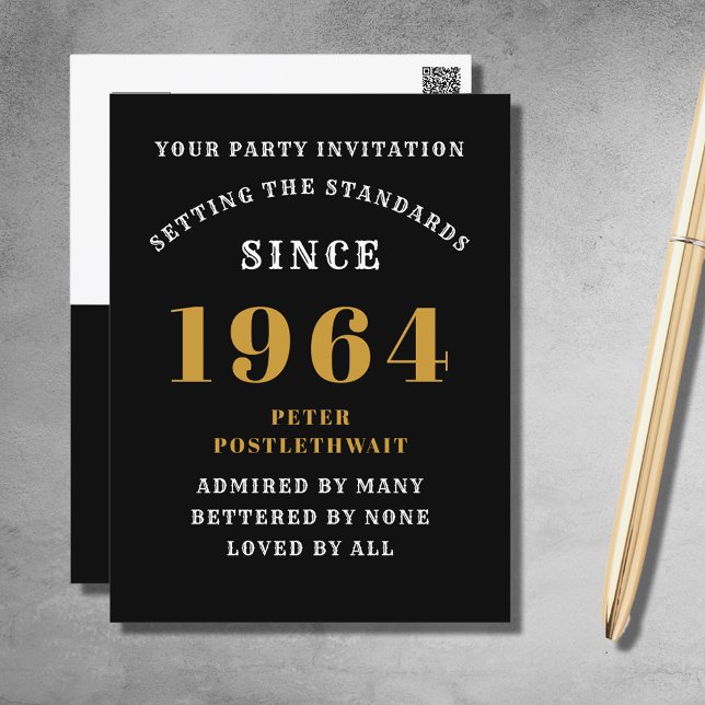 60e Anniversaire 1964 Invitation Noir Or (Elegant Black and Gold 60th Birthday Invitation - Create Your Own Personalized Design.)