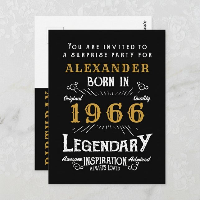 60e Anniversaire 1966 Légende Noir Or Invitation (1966 birthday invitation postcard. Background white lace.)