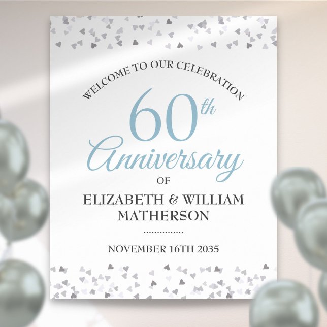 60e Anniversaire Amour Coeurs Confetti Affiche de  (60th Anniversary Love Hearts Confetti Welcome Sign)