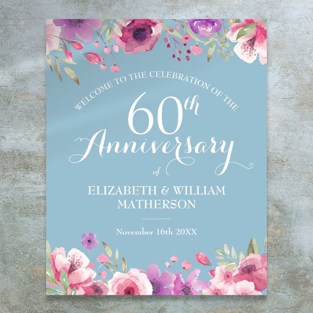 60e anniversaire Aquarelle Rose Affiche de bienven (60th Anniversary Watercolor Roses Welcome Sign)