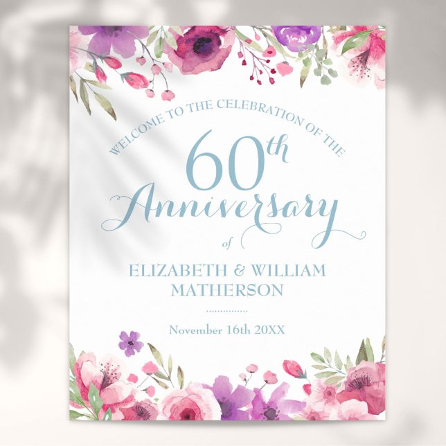 60e anniversaire Aquarelle Rose Affiche de bienven (60th Anniversary Watercolour Roses Welcome Sign)