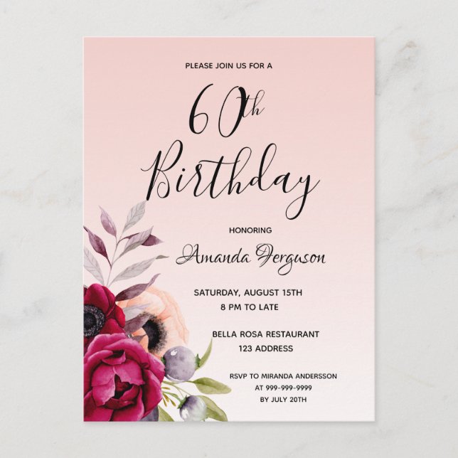 60e anniversaire bourgogne rose invitation florale (Devant)