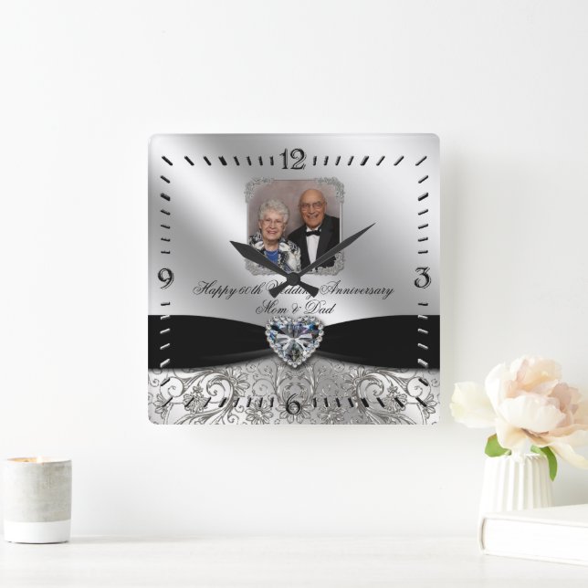 60e anniversaire de Mariage Photo Carré Horloge mu (Maison)