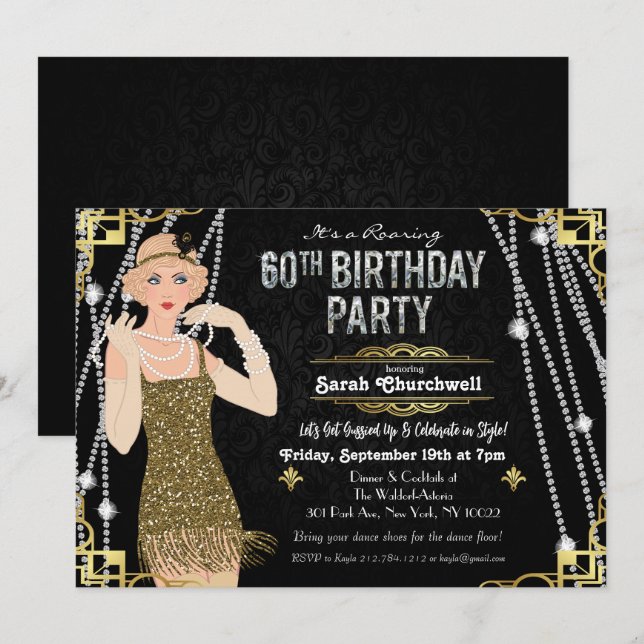 60e anniversaire Déco Gatsby Flapper Invitation fi (Devant / Derrière)