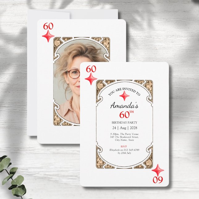 60e anniversaire Diamond Playing Card Invitation (60th birthday party invitations with an art deco playing card design on a grey wood background)