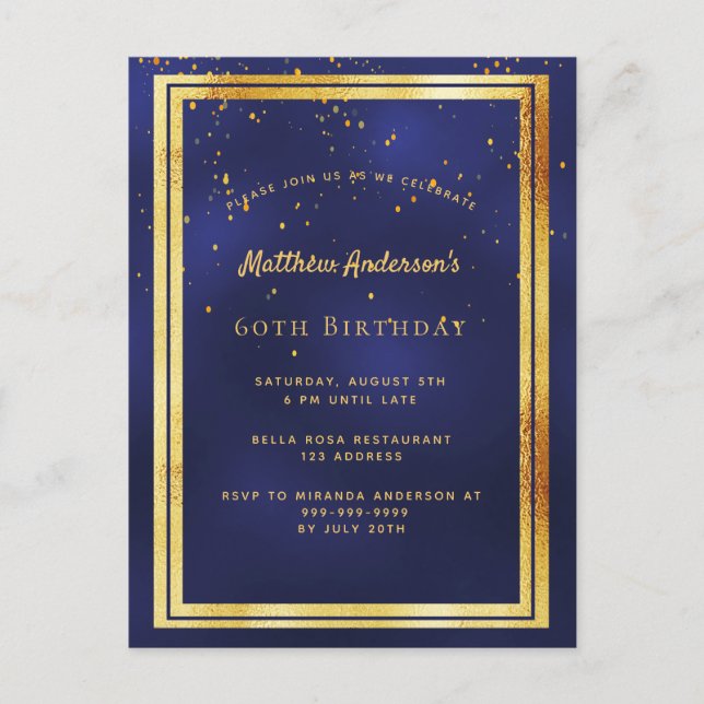 60e anniversaire fête bleu or brillant invitation (Devant)