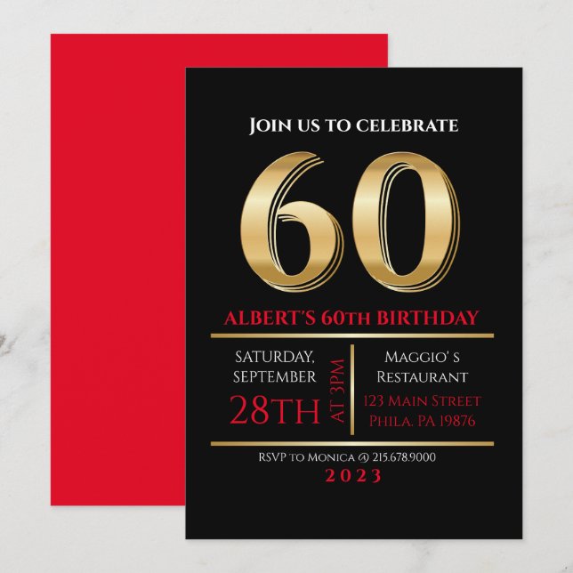 60e anniversaire Gold Black Party Invitation (Devant / Derrière)