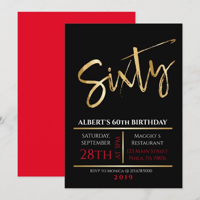 60e anniversaire Gold Black Party Invitation (Devant / Derrière)