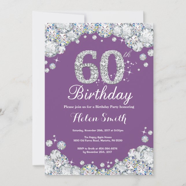 60e anniversaire Invitation Diamant violet et arge (Devant)
