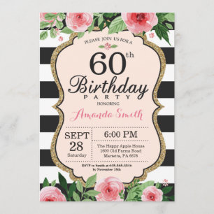 60e anniversaire Invitation Femmes. Noir d'or flor