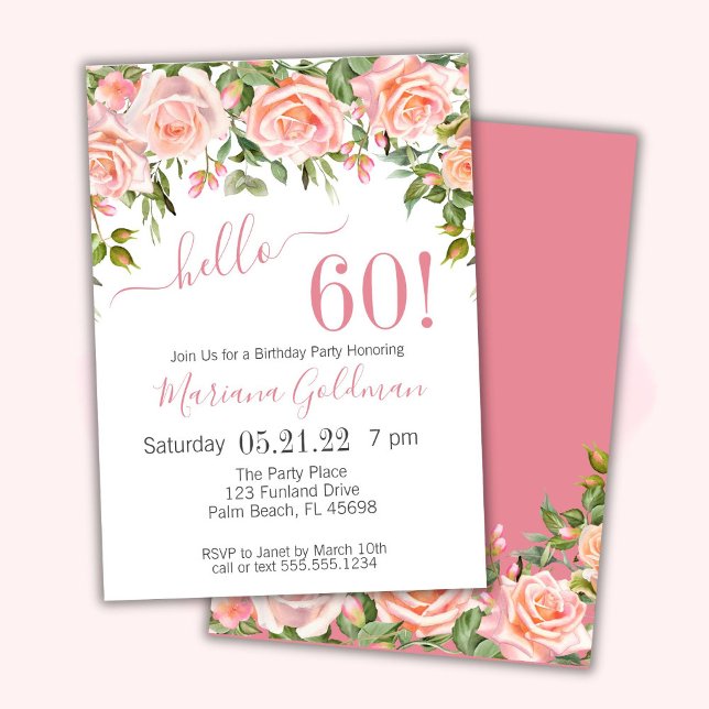 60e anniversaire Invitations Pink Floral Modern Pa (Créateur téléchargé)