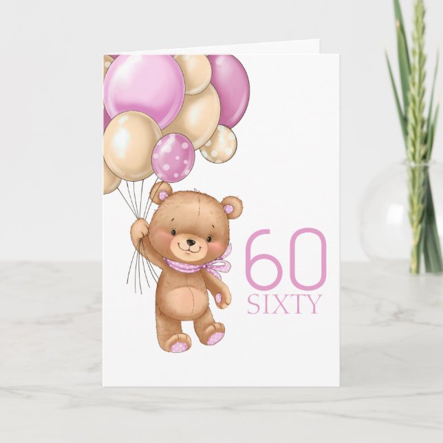 60e anniversaire mignon ballons roses fille carte  (Devant)