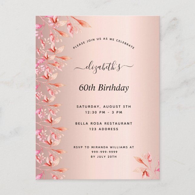 60e anniversaire rose or rose invitation florale (Devant)