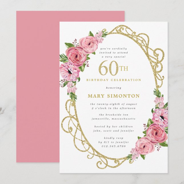 60e anniversaire Rose Rose Floral Gold Invitation (Devant / Derrière)