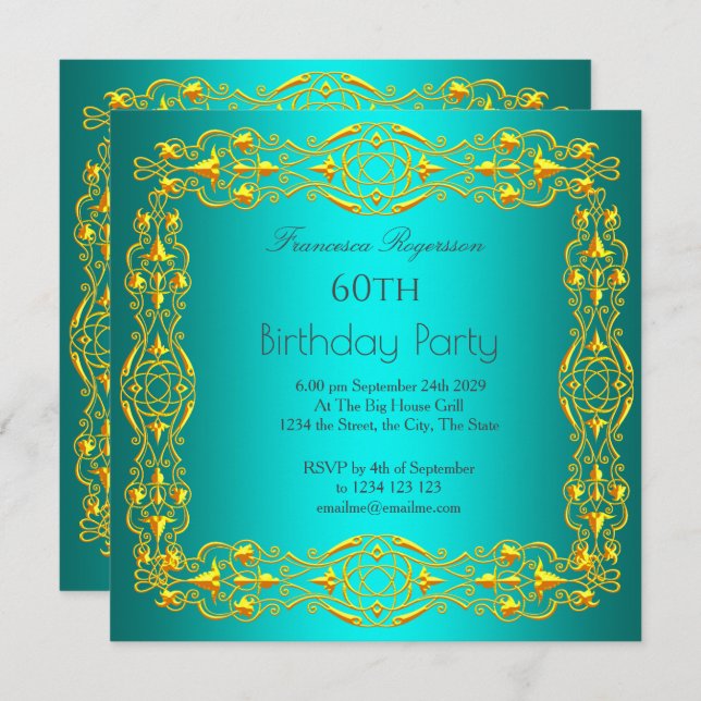 60e Anniversaire Soirée Gold Turquoise Invitation (Devant / Derrière)