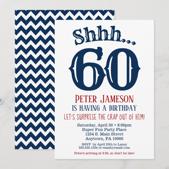 60e Anniversaire Surprise Invitation Homme Marine  (Devant / Derrière)