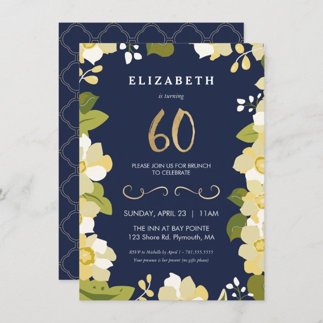 60e Invitation d'anniversaire, Fleurs élégantes av (Devant / Derrière)