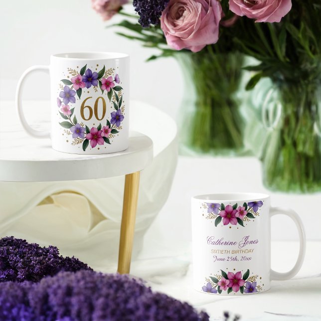 60ème Anniversaire Mug - Couronne florale avec num (Créateur téléchargé)