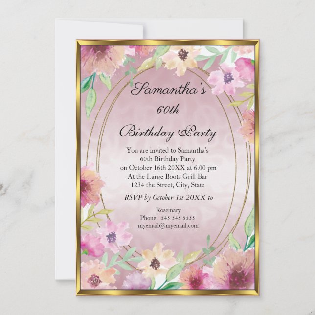 60ème Pink Floral Gold Anniversaire Invitation (Devant)