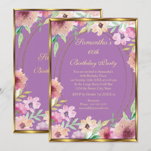 60ème Purple Floral Gold Invitation de fête d'anni (Devant / Derrière)