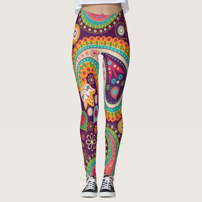 60er 70er Retro Farbvolles Lila Paisley Leggings (Vorderseite)