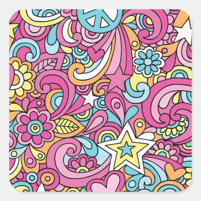 60er Retro Hippy Peace Pattern Quadratischer Aufkleber (Vorderseite)