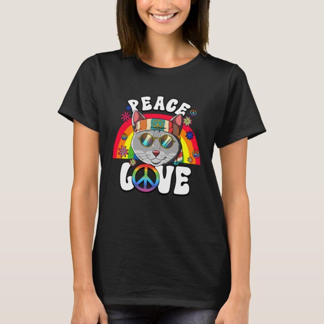 60s 70s Costume Peace Love Hippie Cat T-Shirt (Vorderseite)