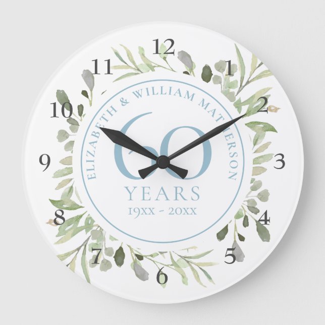 60th Anniversary Watercolour Greenery Floral Große Wanduhr (Vorderseite)