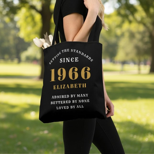 60th Birthday 1966 Black Gold For Her Personalized Tasche (Born 1966 birthday tote bag. Background out of focus.)