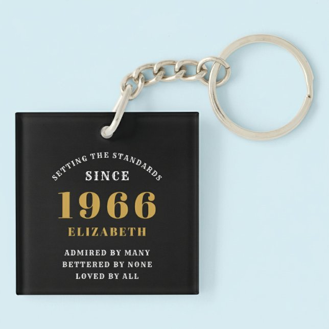60th Birthday 1966 Black Gold Personalized (Born 1966 birthday keychain. Pastel background.)