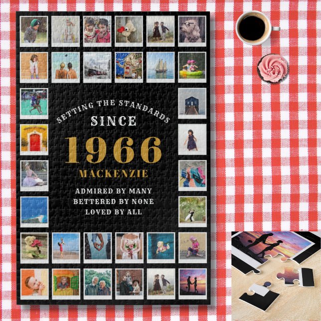 60th Birthday 1966 Family Memories Photo Collage (1966 photo collage jigsaw puzzle. Background red and white check tablecloth.)