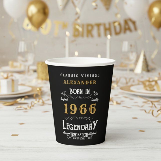 60th Birthday 1966 Legendary Retro Pappbecher (1966 birthday black paper cup on a white and gold background.)